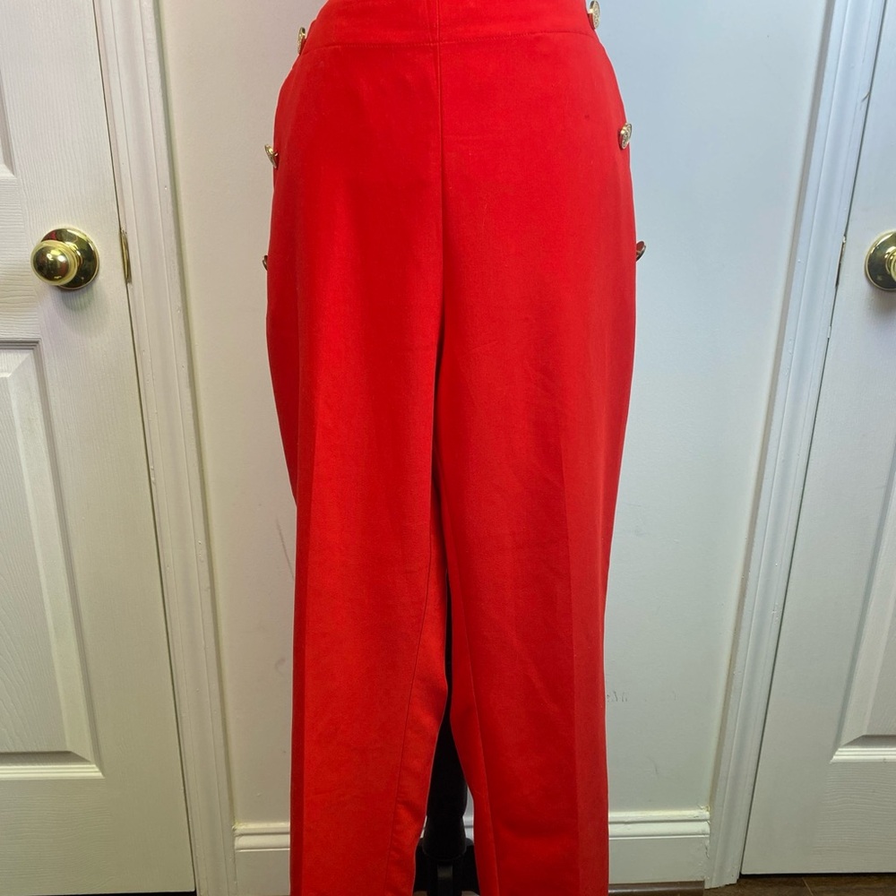Zara Womens Red Cropped Trousers Large Gold Button High Rise Ankle Pants